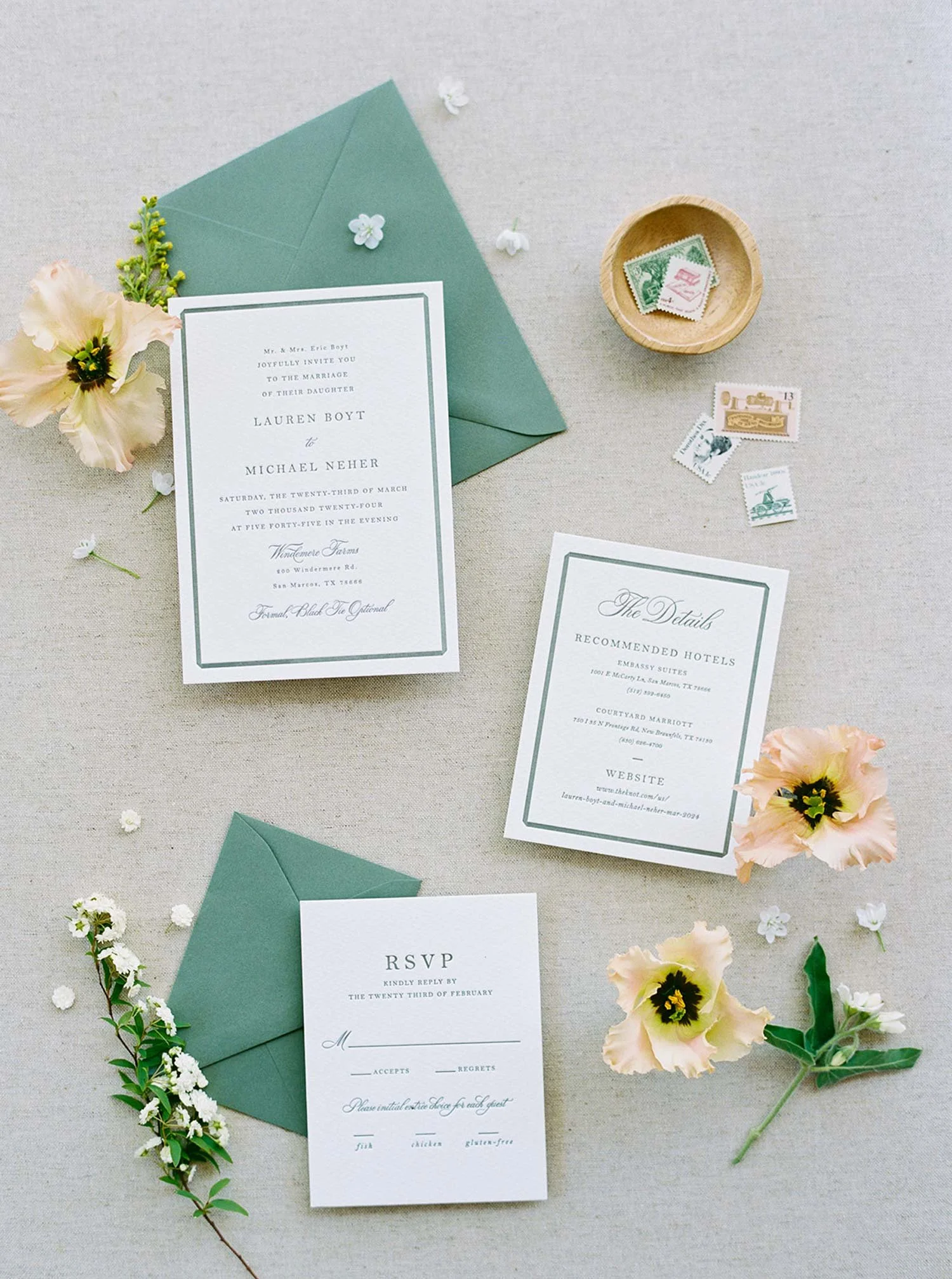 Green and white classic wedding invitations | Shannon Rose Events