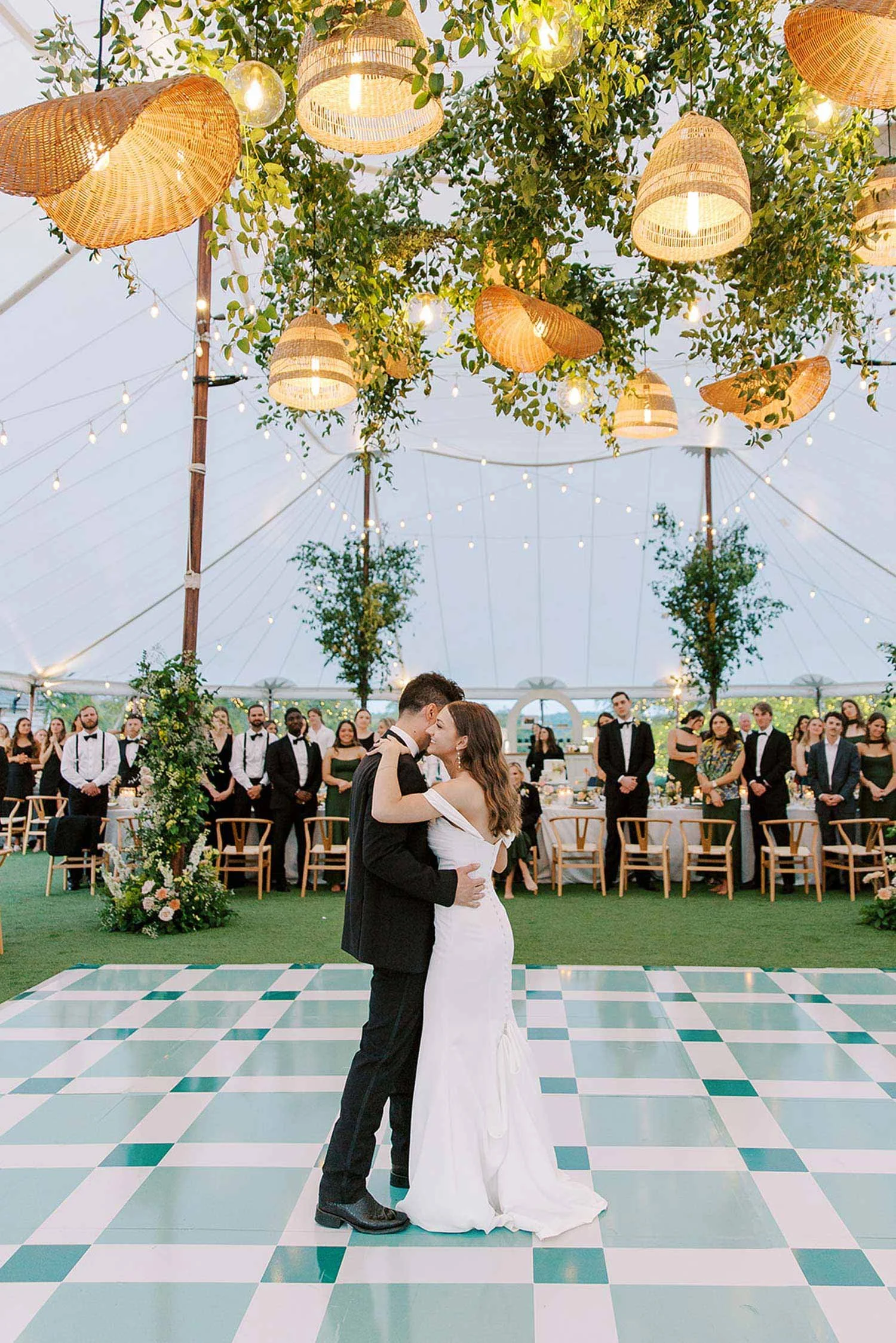 Bride &amp; Groom dancing on checkered green dance floor | Shannon Rose Events