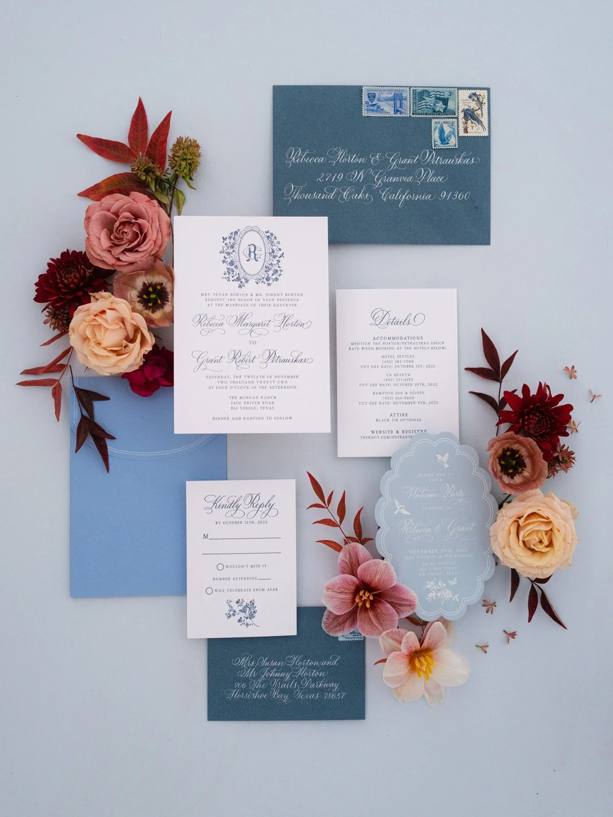 Blue classic wedding invitation with scallops
