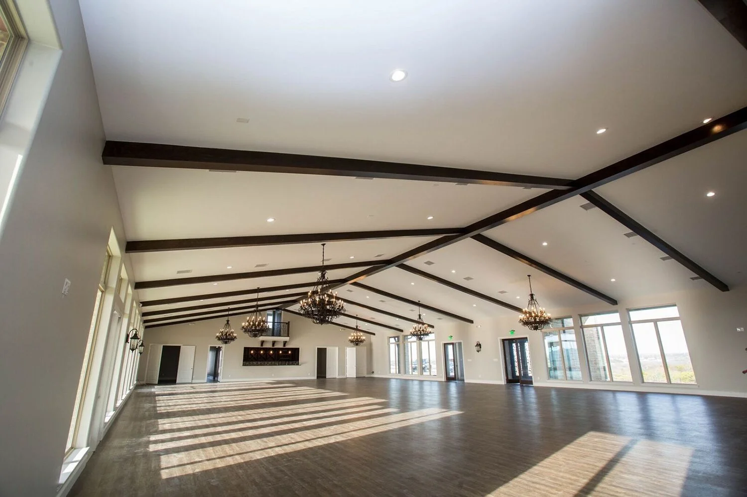 Dove Ridge Vinyard reception space with tall cathedral ceilings and wood beams