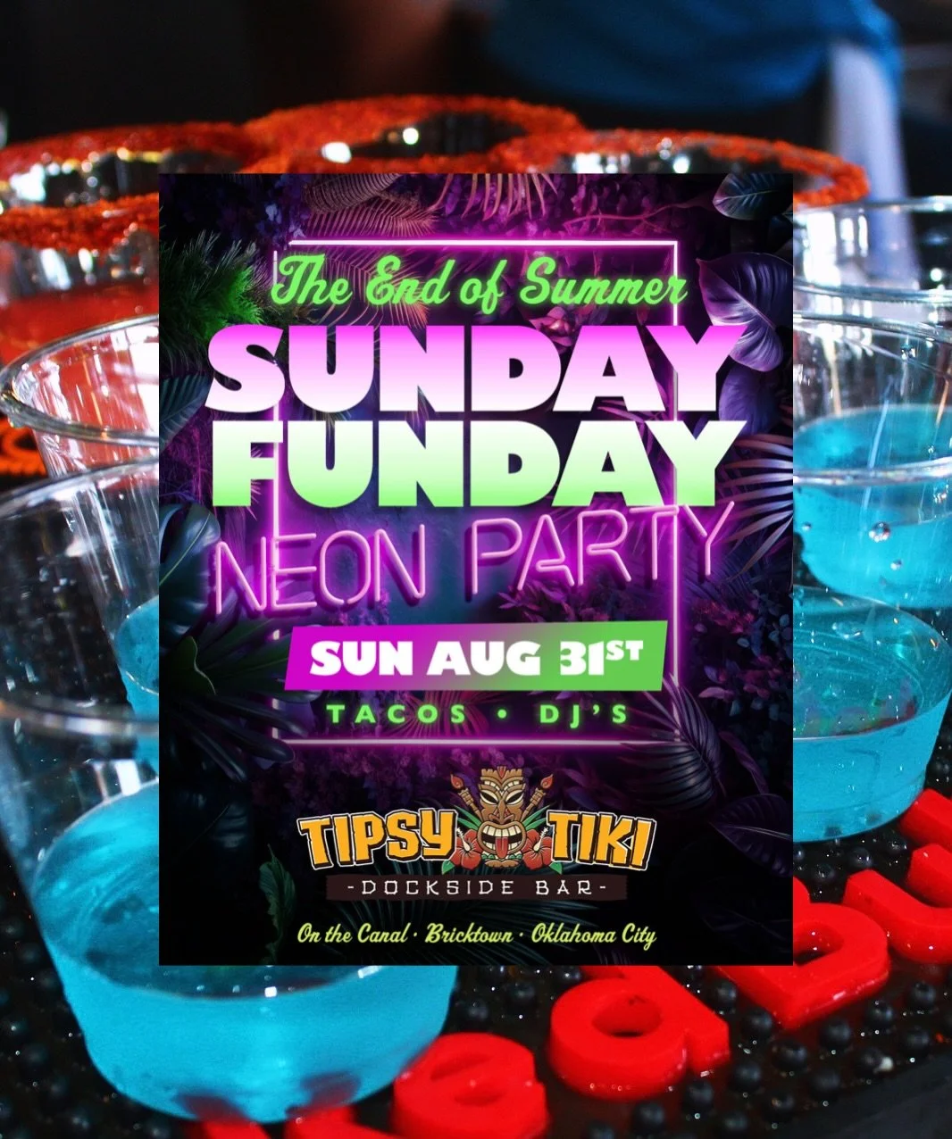 This Sunday &rarr; Sunday Funday goes neon 🌴✨

Tacos. DJs. Cocktails. Canal-side vibes. Don&rsquo;t miss the party of the summer! Gates will open at 2PM.

#tipsytiki #bricktown #tikibar #okc #drinklocalokc #okcnightlife #bricktowncanal @bricktown