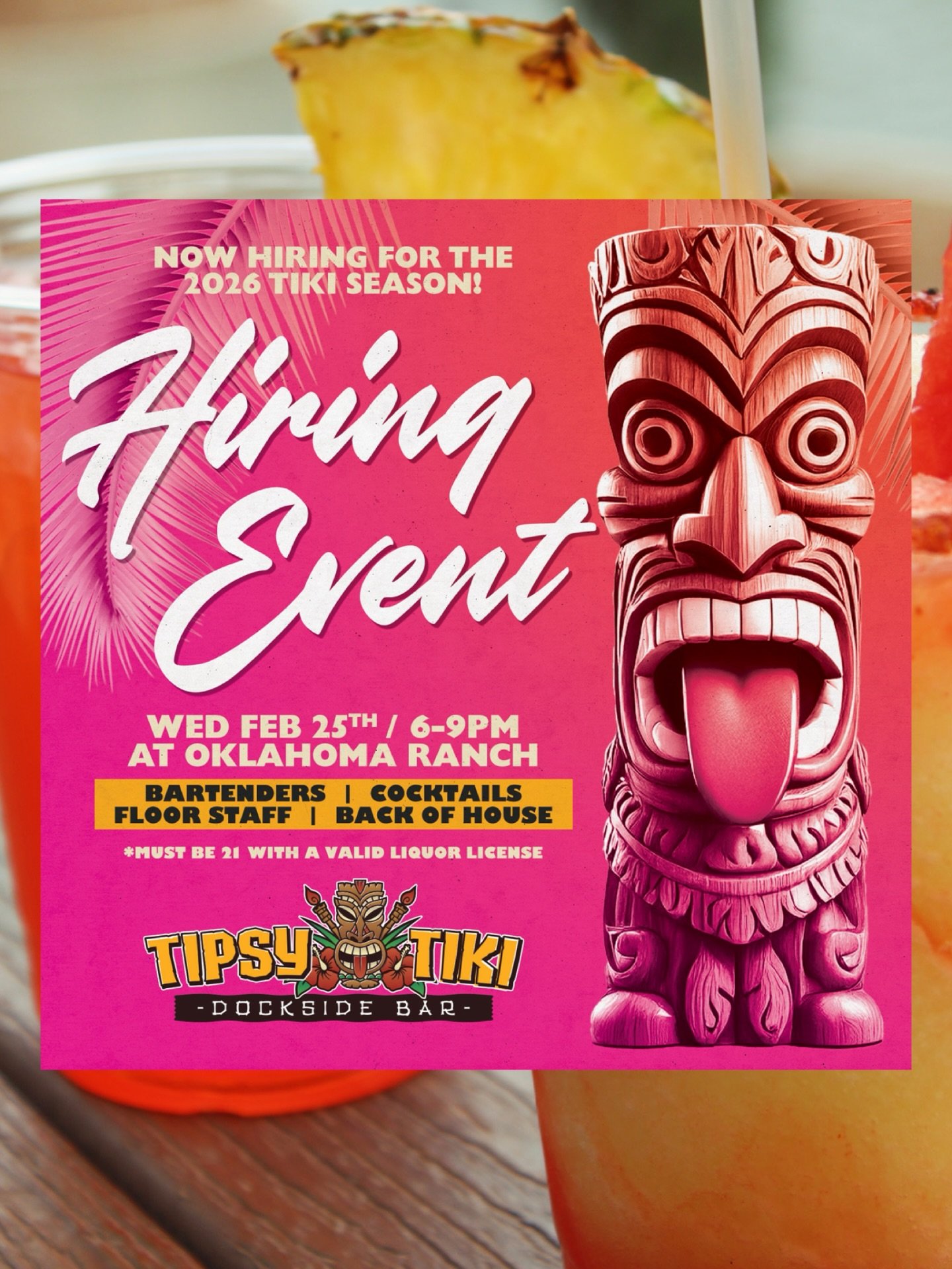 Patio season is loading&hellip; 🌴 

Tiki 2026 Hiring Event
February 25th | 6&ndash;9PM
📍Oklahoma Ranch

Bartenders &bull; Cocktail Servers &bull; Floor Staff &bull; Back of House

#tipsytikiokc #bricktownokc #seeokc #tikiseason