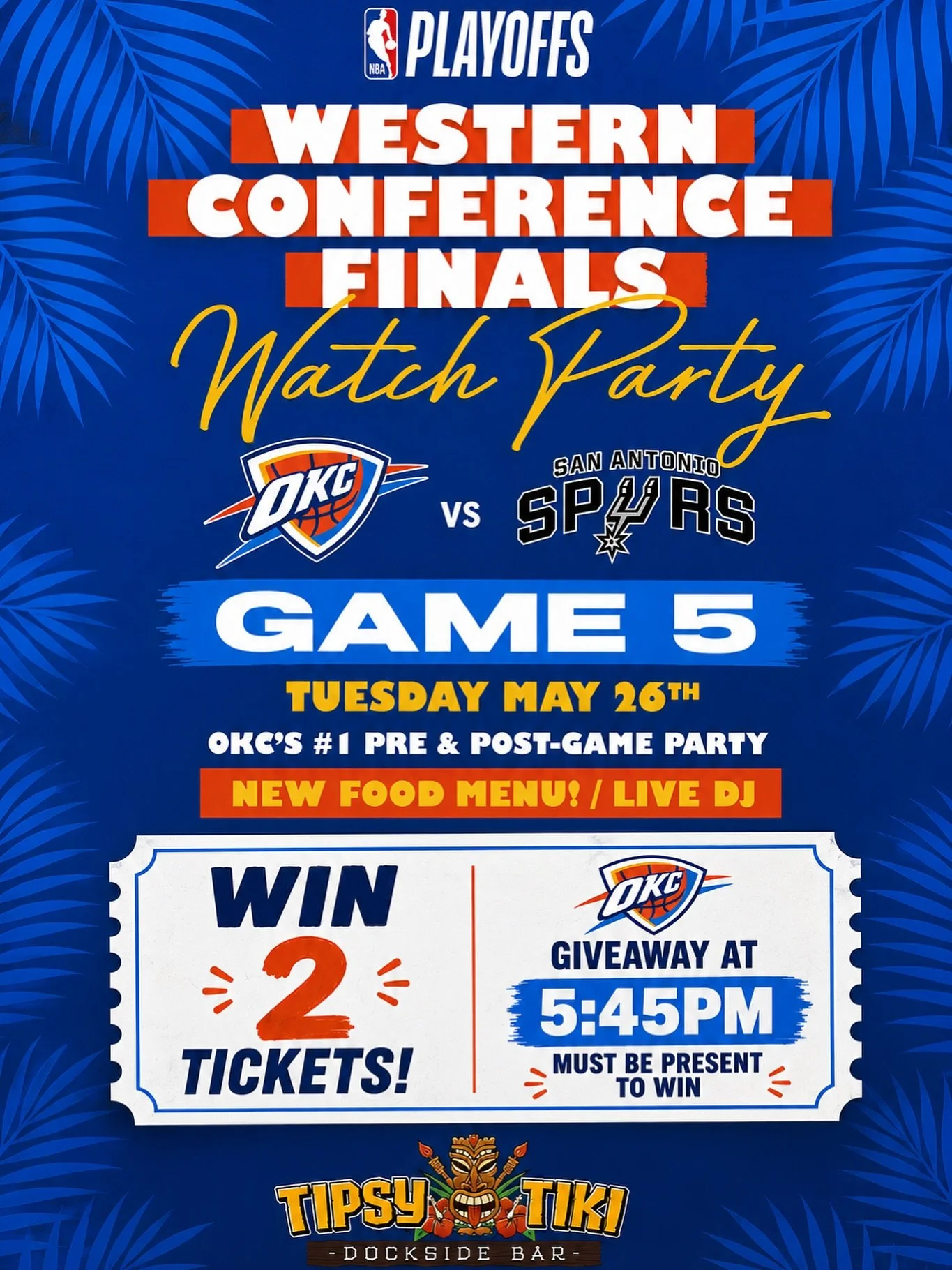 Game 5 at Tiki. 🌴🏀
Catch the Western Conference Finals canal-side with the best patio energy in @bricktown, live DJs, and the new food menu available all night long.

PLUS &mdash; we&rsquo;re giving away 2 tickets at 5:45PM during Sports Animal Rad