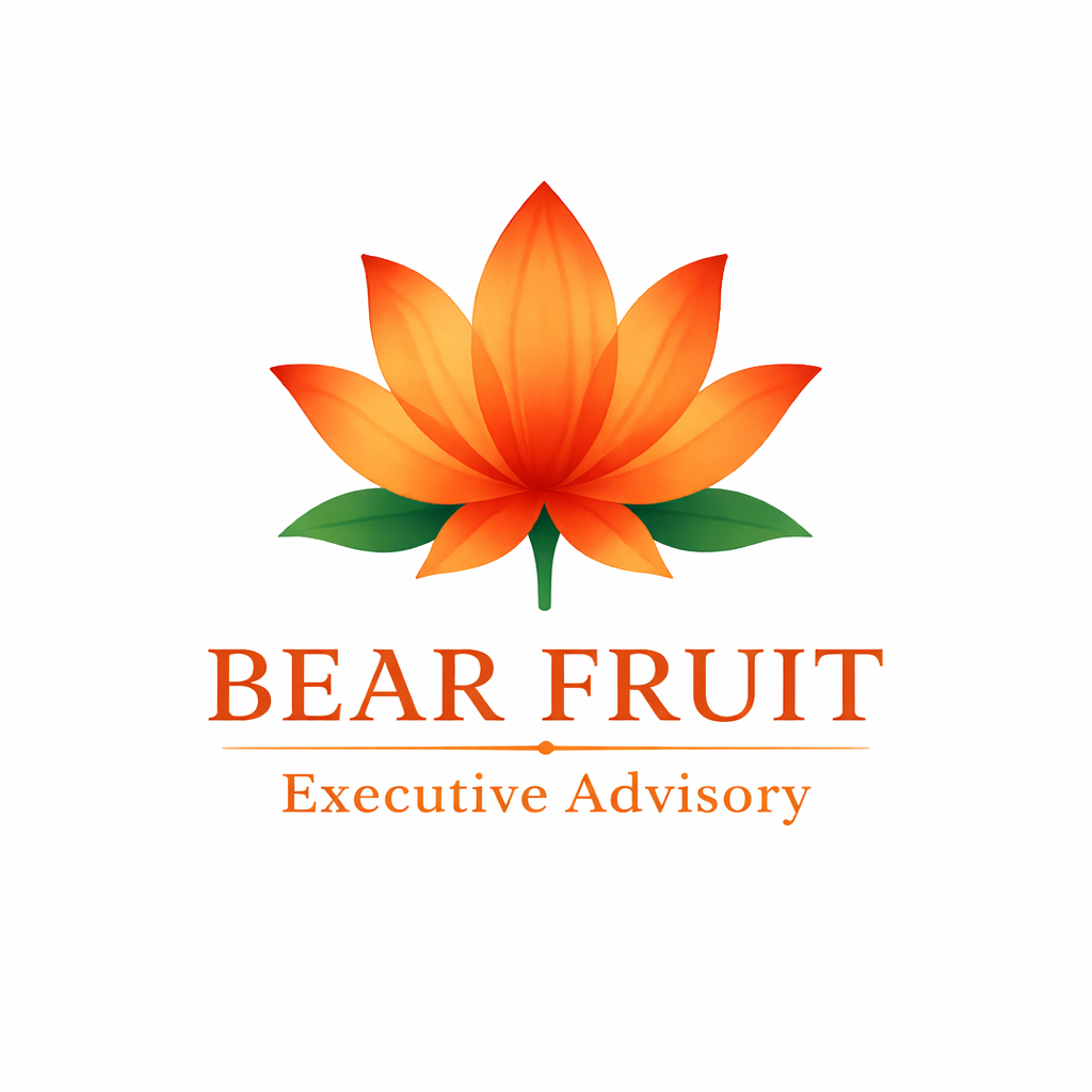A stylized orange flower with green leaves above the text 'BEAR FRUIT' in bold orange letters, with 'Executive Advisory' written below in smaller font.