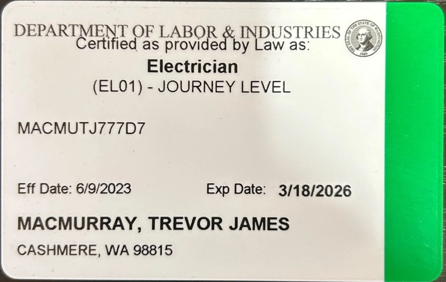 Washington State Department of Labor and Industries electrician certification card for Trevor James MacMurray, valid until March 18, 2026, issued on June 9, 2023.