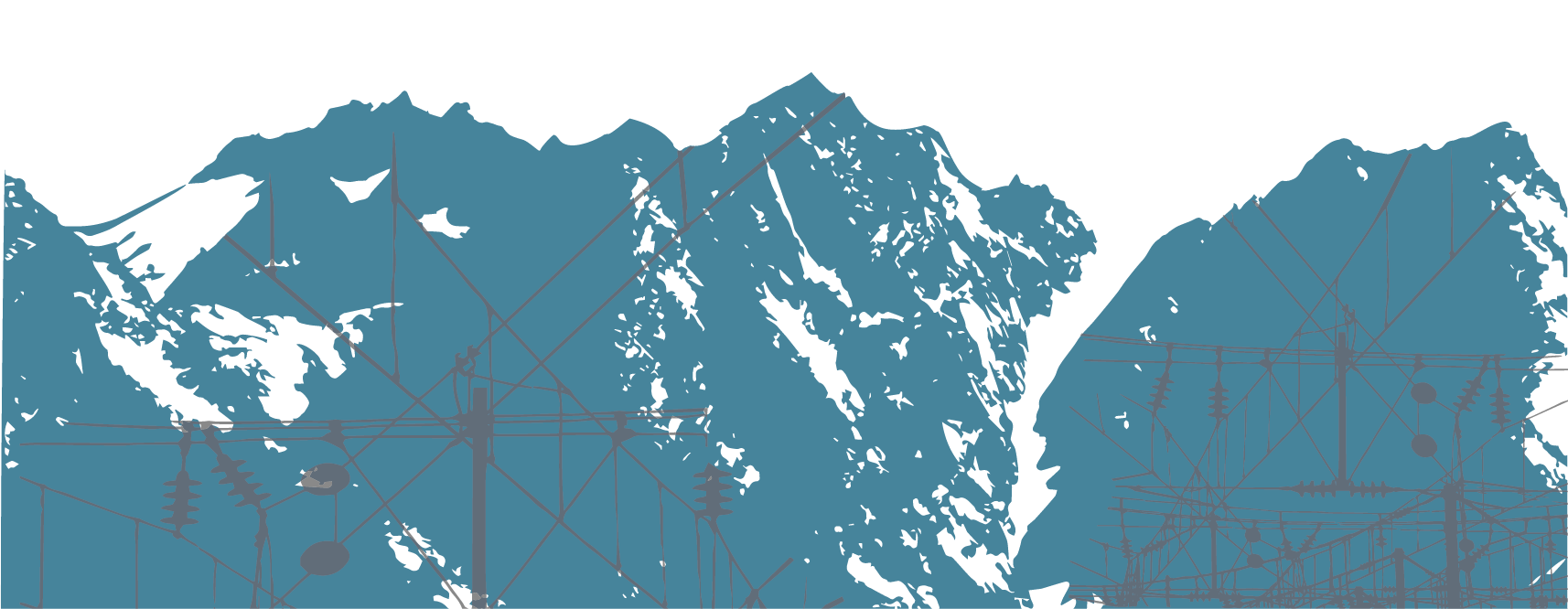 Illustration of a mountain range with power lines running through the peaks.