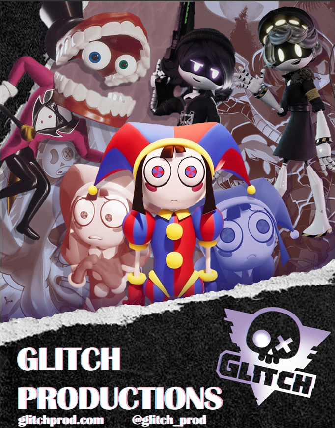 Group of stylized animated characters including a clown, a jester, and skeleton-like figures, with dark and colorful backgrounds, promoting Glitch Productions.