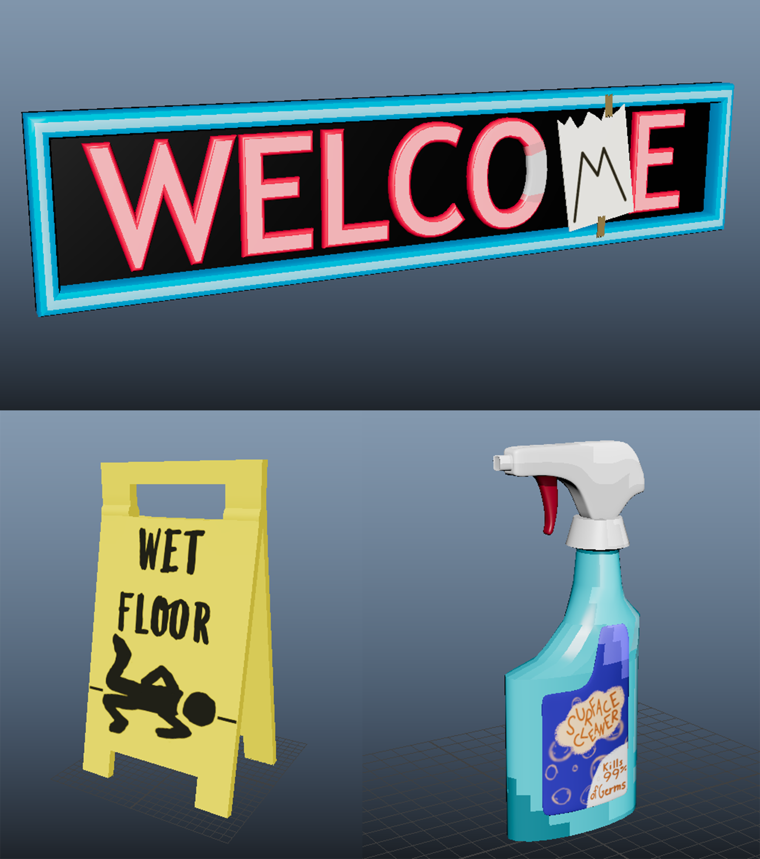 Digital 3D rendering of a welcome sign, a wet floor caution sign, and a spray bottle of surface cleaner.