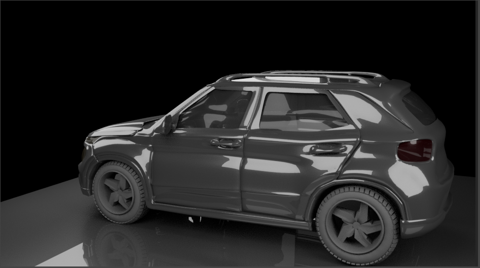 A 3D rendered black compact SUV inside a dark studio with reflections on its surface.