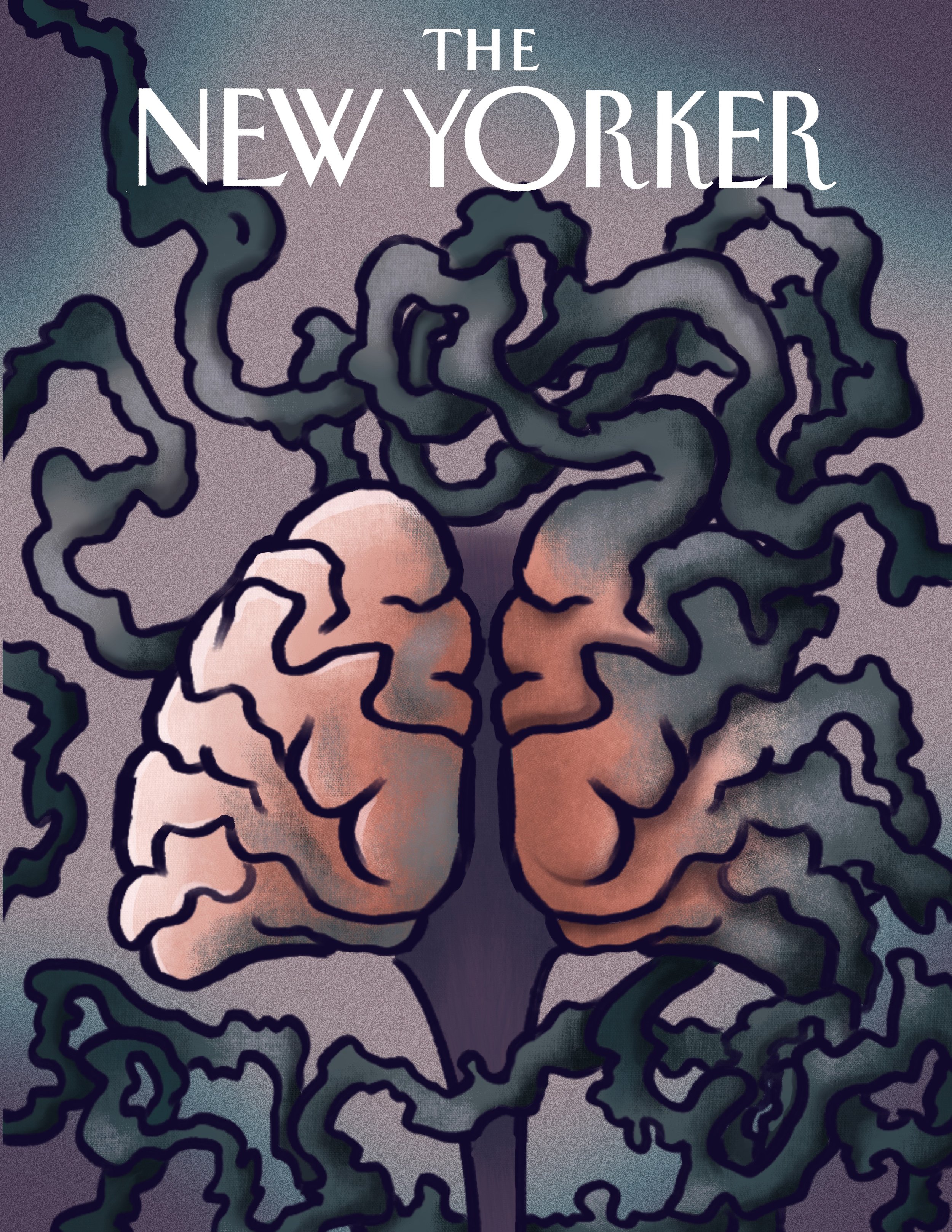 A graphic illustration of a brain connected to swirling dark tendrils or lines, with text reading 'The New Yorker' at the top.