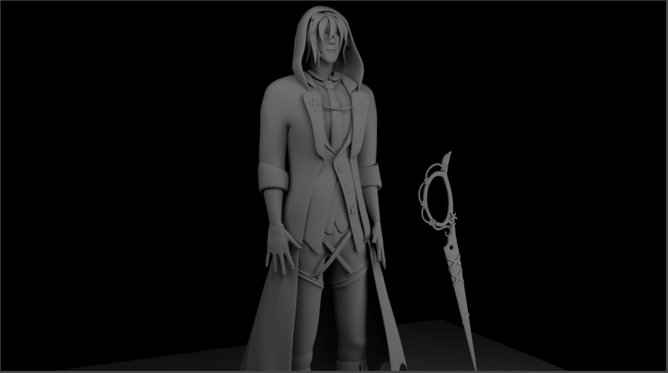 A 3D-rendered character in fantasy attire, holding a staff, standing beside a parasol with a lock and key design, against a black background.