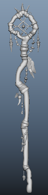 A fantasy or mythical staff or scepter with a twisted, gnarled design, featuring spikes, hanging charms, and ornate details against a gray background.