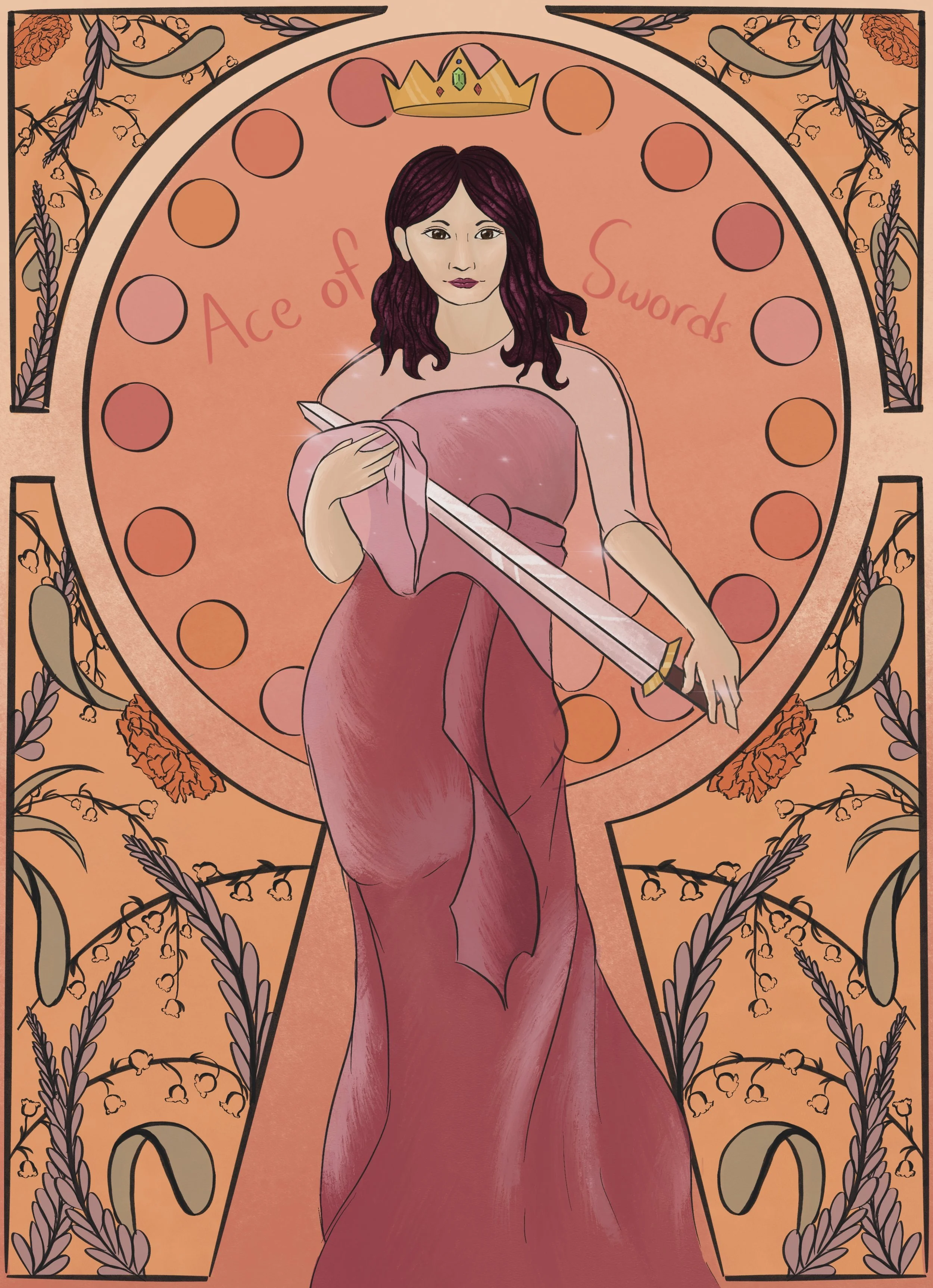 A stylized illustration of a woman with dark red hair holding a sword, dressed in a flowing red gown. She wears a crown, and behind her, there is a large circle with the text 'Ace of Swords'. The background features floral and leafy patterns with ora