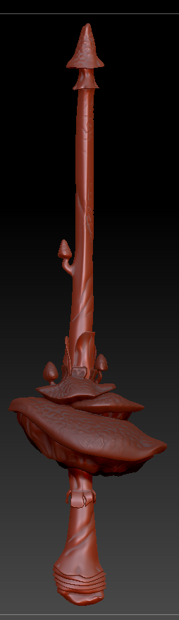 A 3D model of a fantasy tree with a tall, jagged spire at the top, a wide, mushroom-like platform near the middle, and a textured, gnarled trunk.