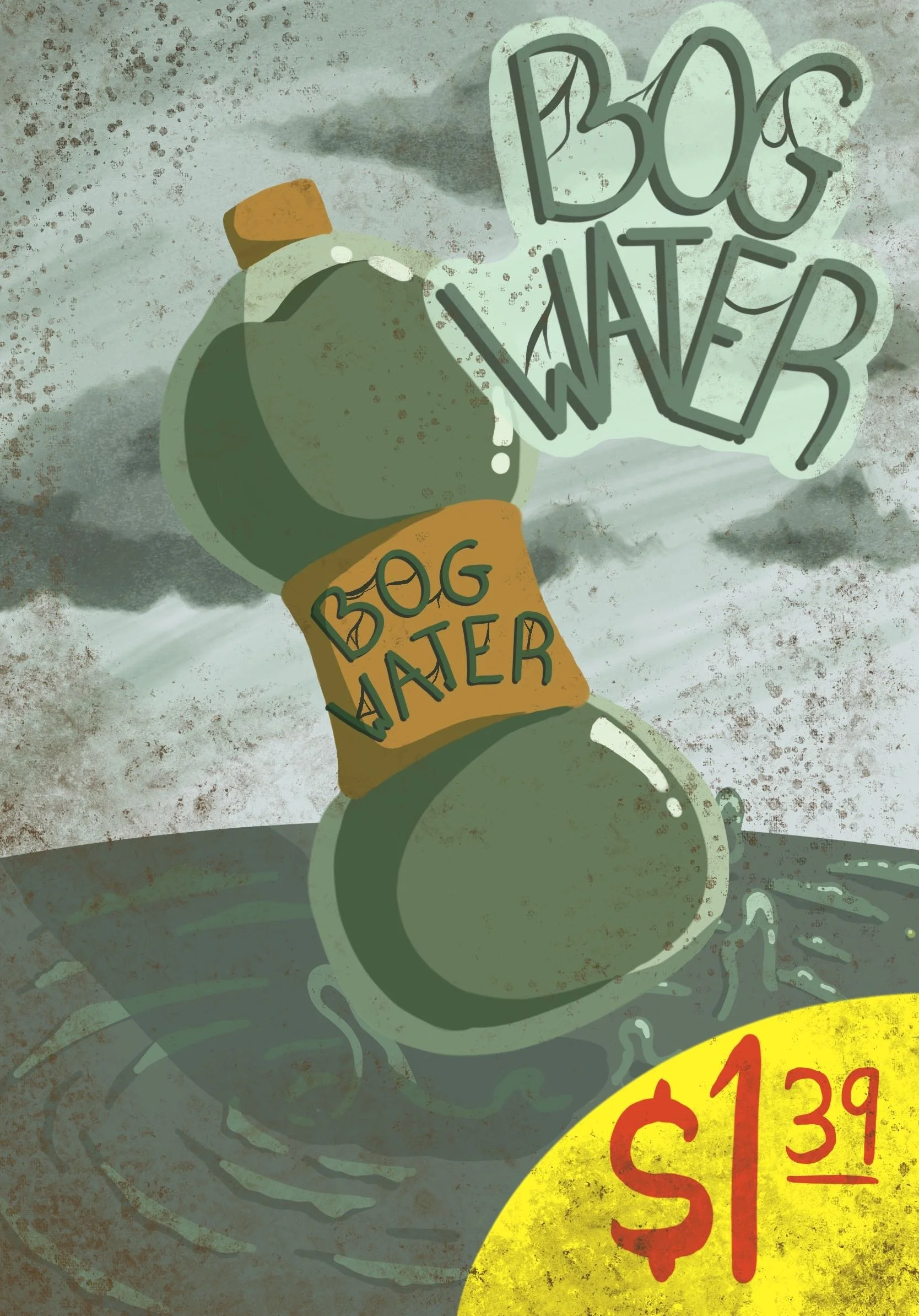 Illustration of a green water bottle labeled "Bark Water" with a yellow band around it. Handwritten sign in the background says "Bark Water." Price tag in the foreground shows "$1.39."