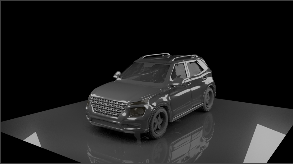 A black toy car with a rooftop cargo rack, placed on a reflective black surface with a black background.