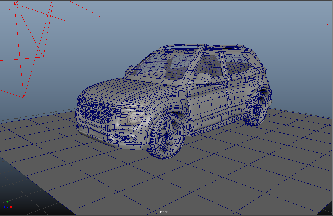 3D wireframe model of a compact SUV vehicle on a grid in a computer graphics environment.