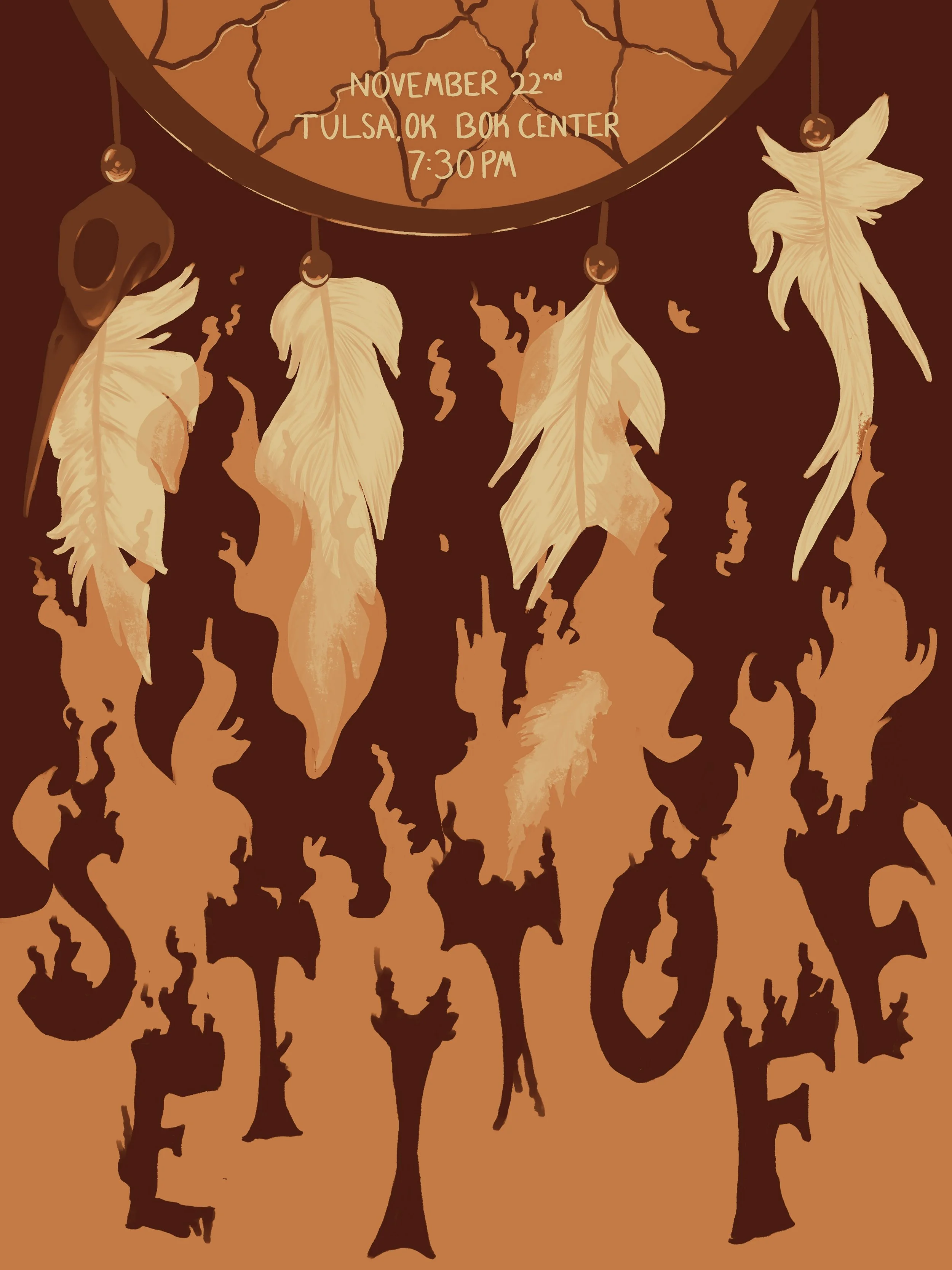 A digital illustration of a tattooed arm holding a dreamcatcher with feathers and text about a Tulsa event on November 22nd at 7:30 PM.