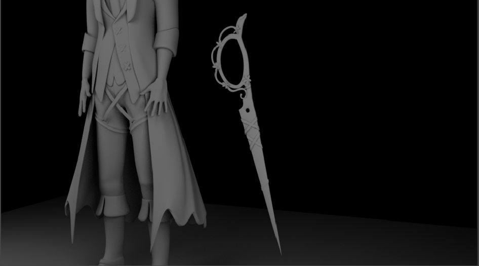 A monochrome 3D model of a fantasy character with a long coat and a sword, standing in a dark space with an ornate dagger floating beside them.