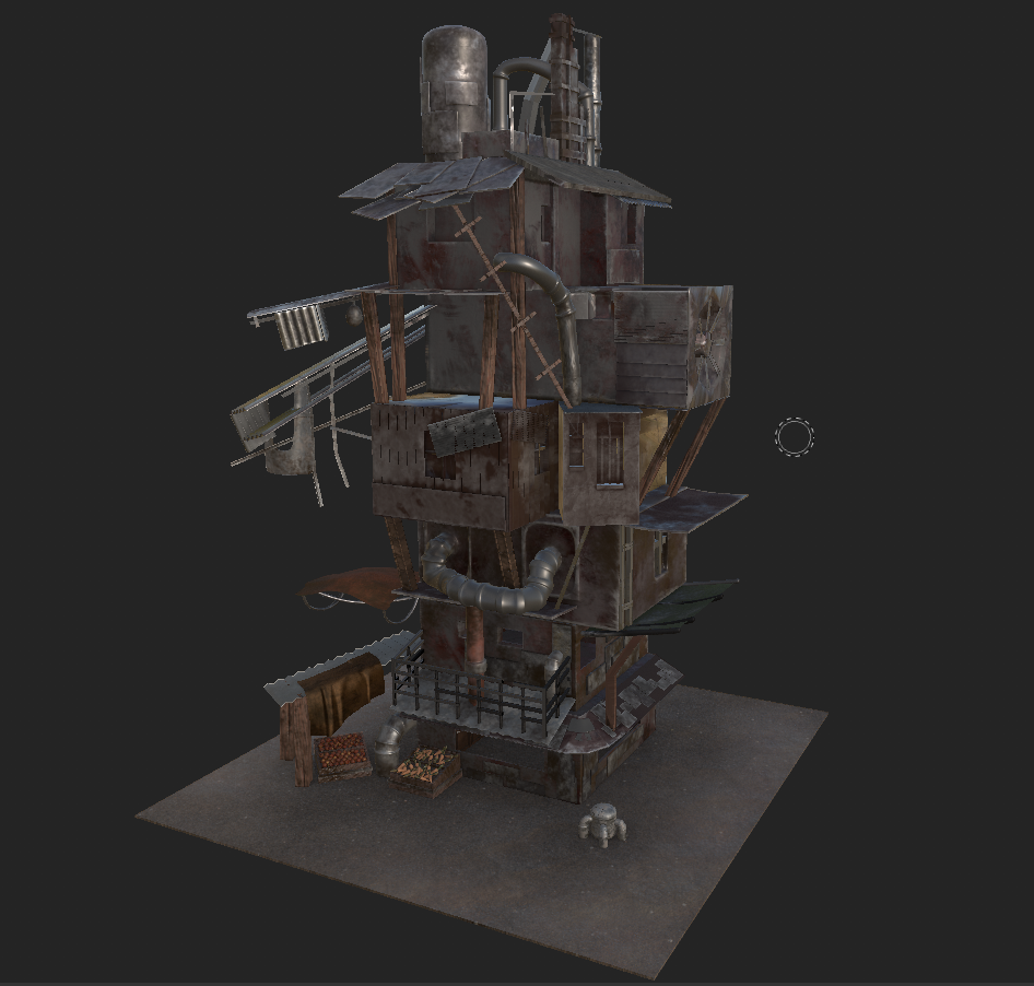 A 3D model of a makeshift, rusty multi-story shack with metal pipes, corrugated metal sheets, and wooden planks, featuring hanging laundry and various random objects, on a small platform.