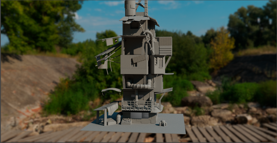 Gray-scale architectural model of a multi-story building outdoors, with greenery and rocks in the background.