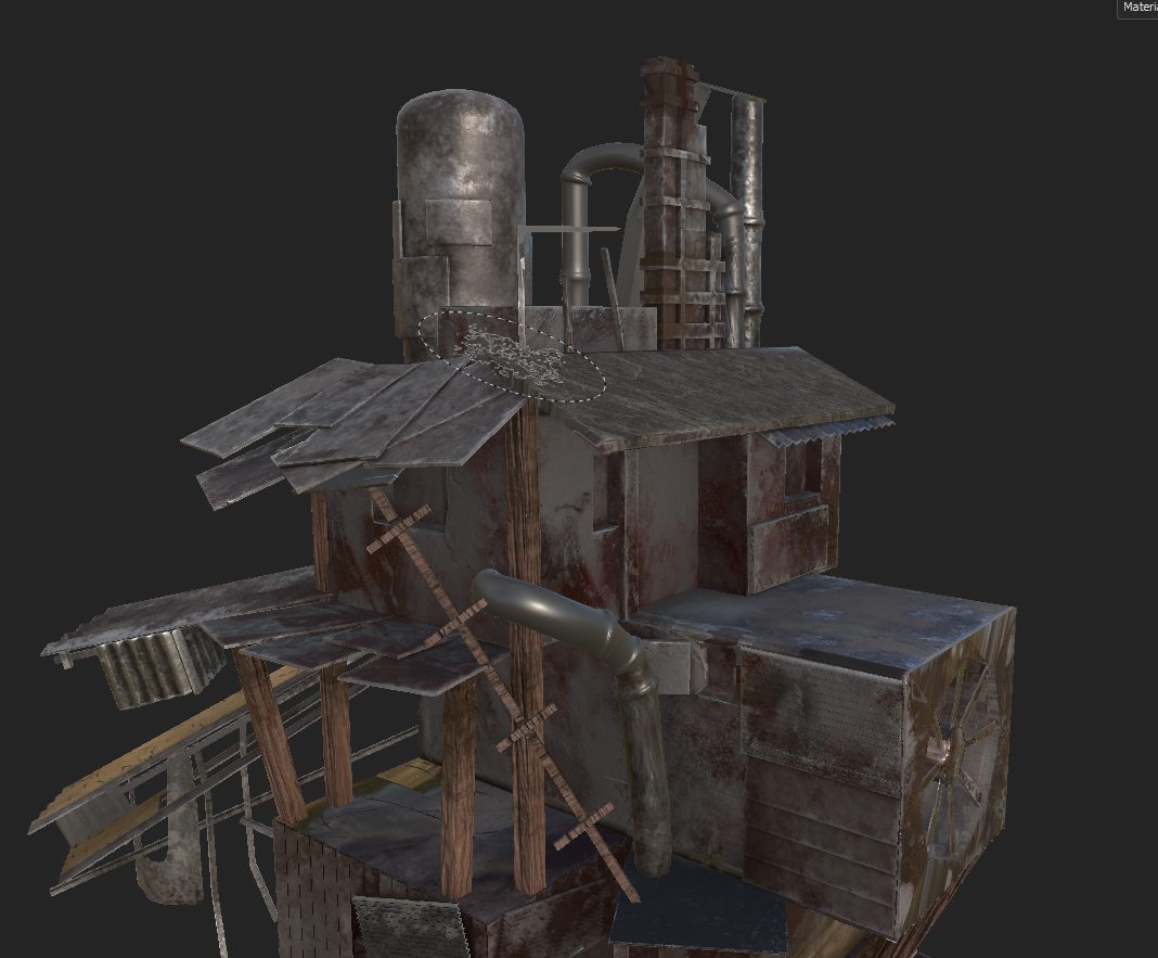A digital rendering of a dilapidated, rusty shack made from scrap metal and wooden planks, featuring a satellite dish, metal pipes, and aged corrugated roofing.