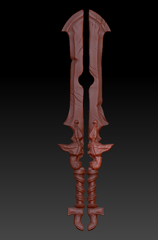 A digital 3D model of a stylized sword with intricate designs and a symmetrical pattern, displayed against a black background.