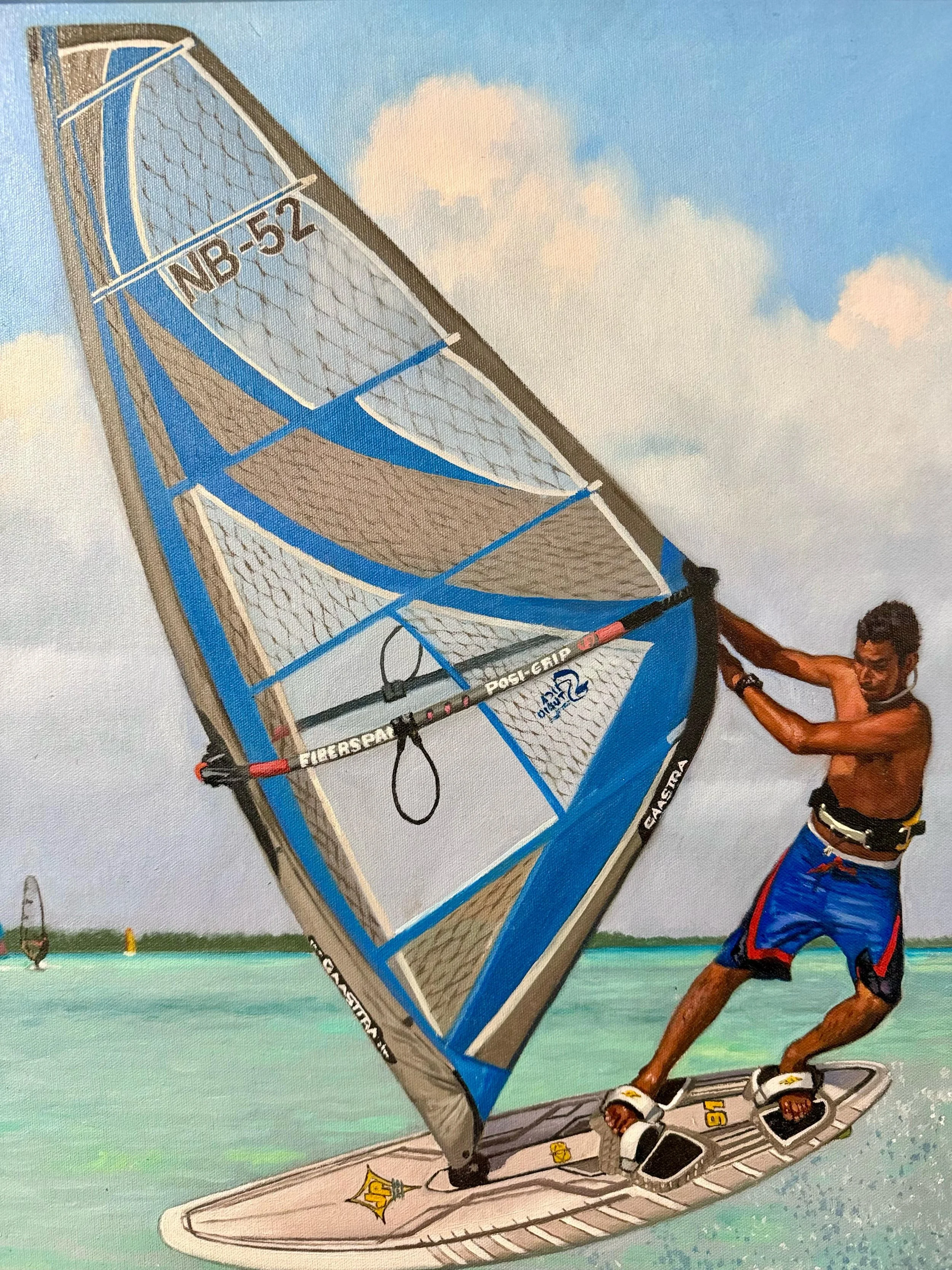 Colorful painting of a windsurfer in Bonaire, decorating the wall at Kas Pitava.