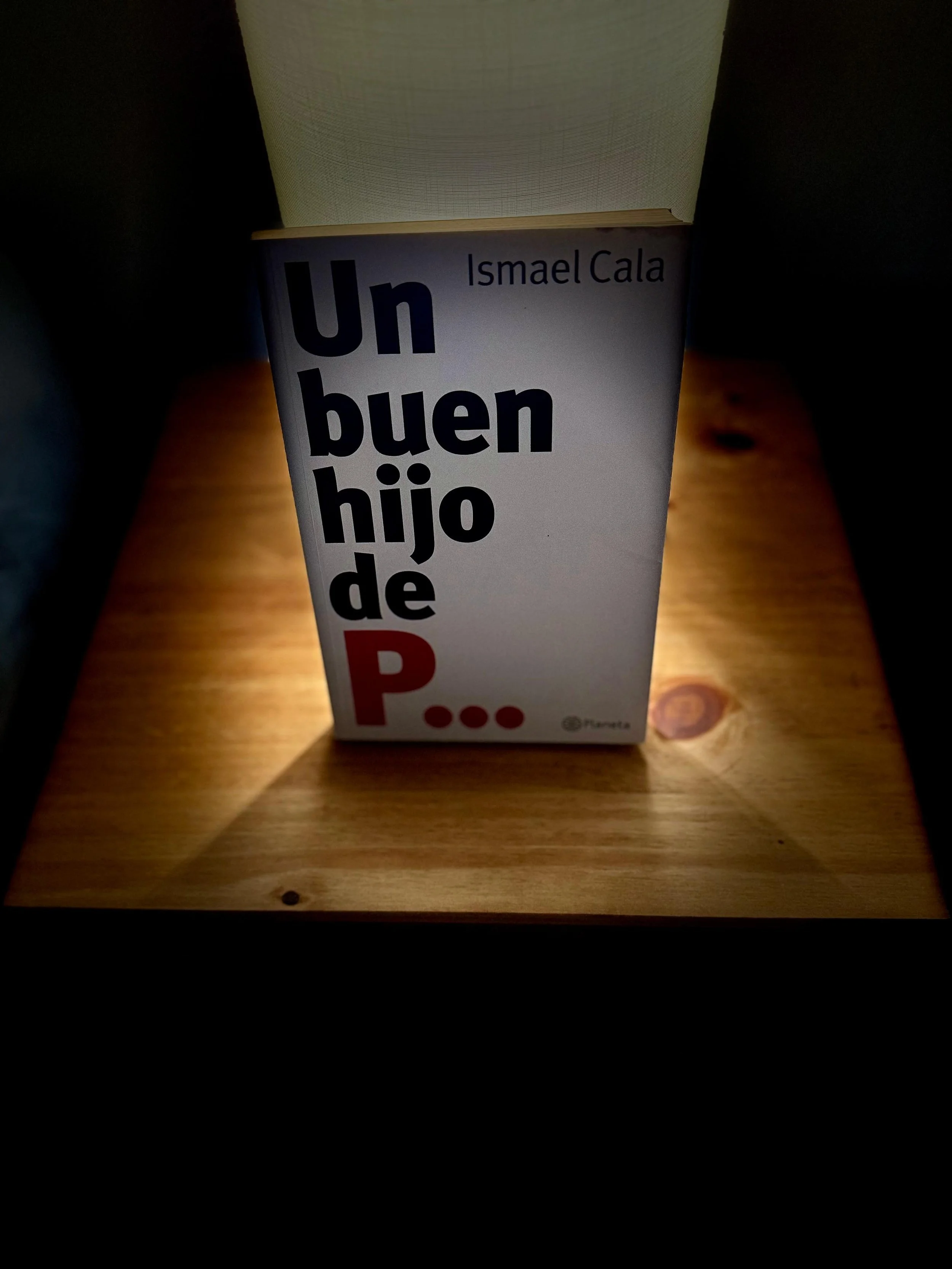 Satirical book 'Un buen hijo de P...' found in Kas Pitava's reading shelf.