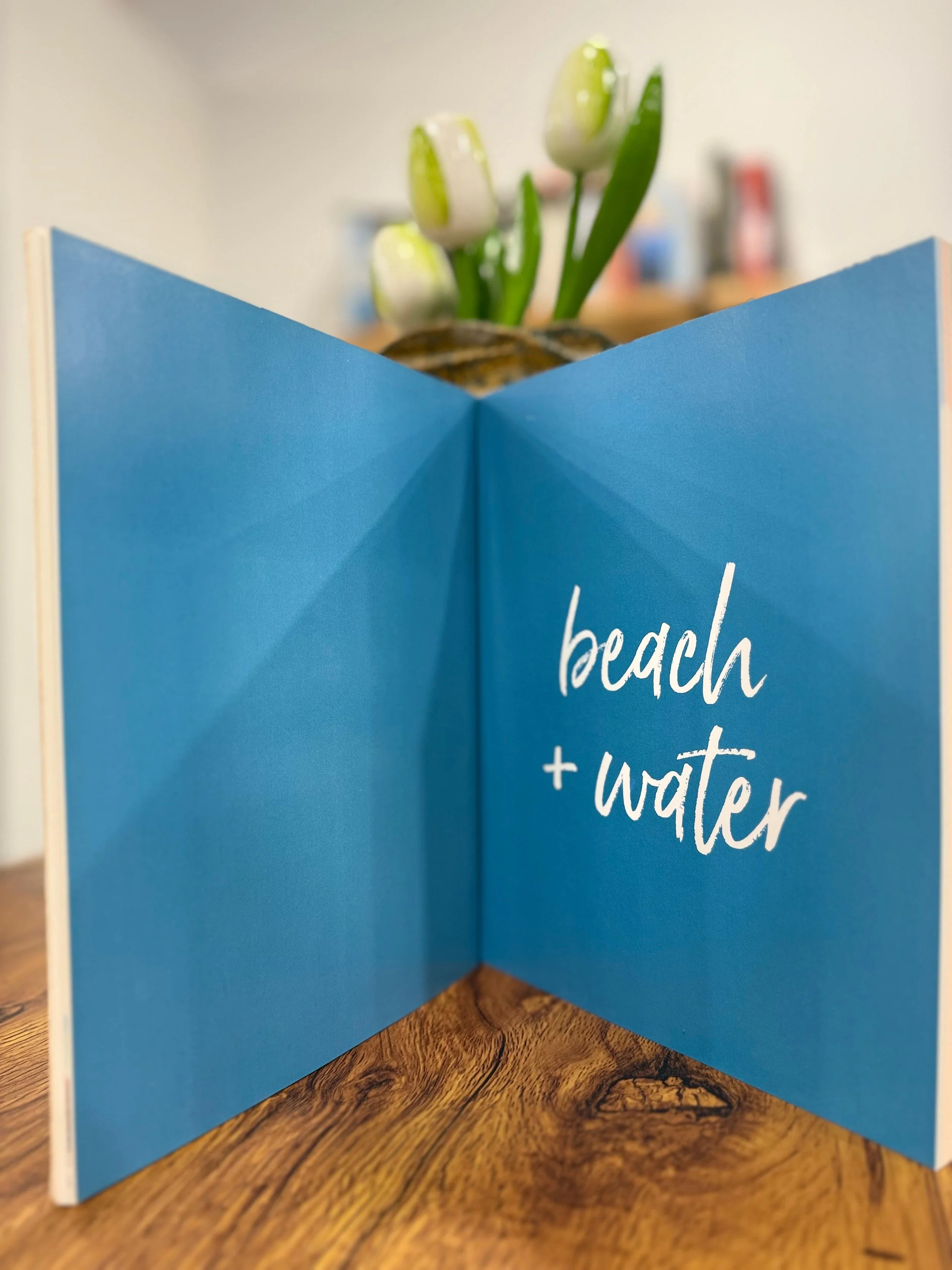 Decorative blue book "beach + water" at Kas Pitava – coastal inspiration for your stay.