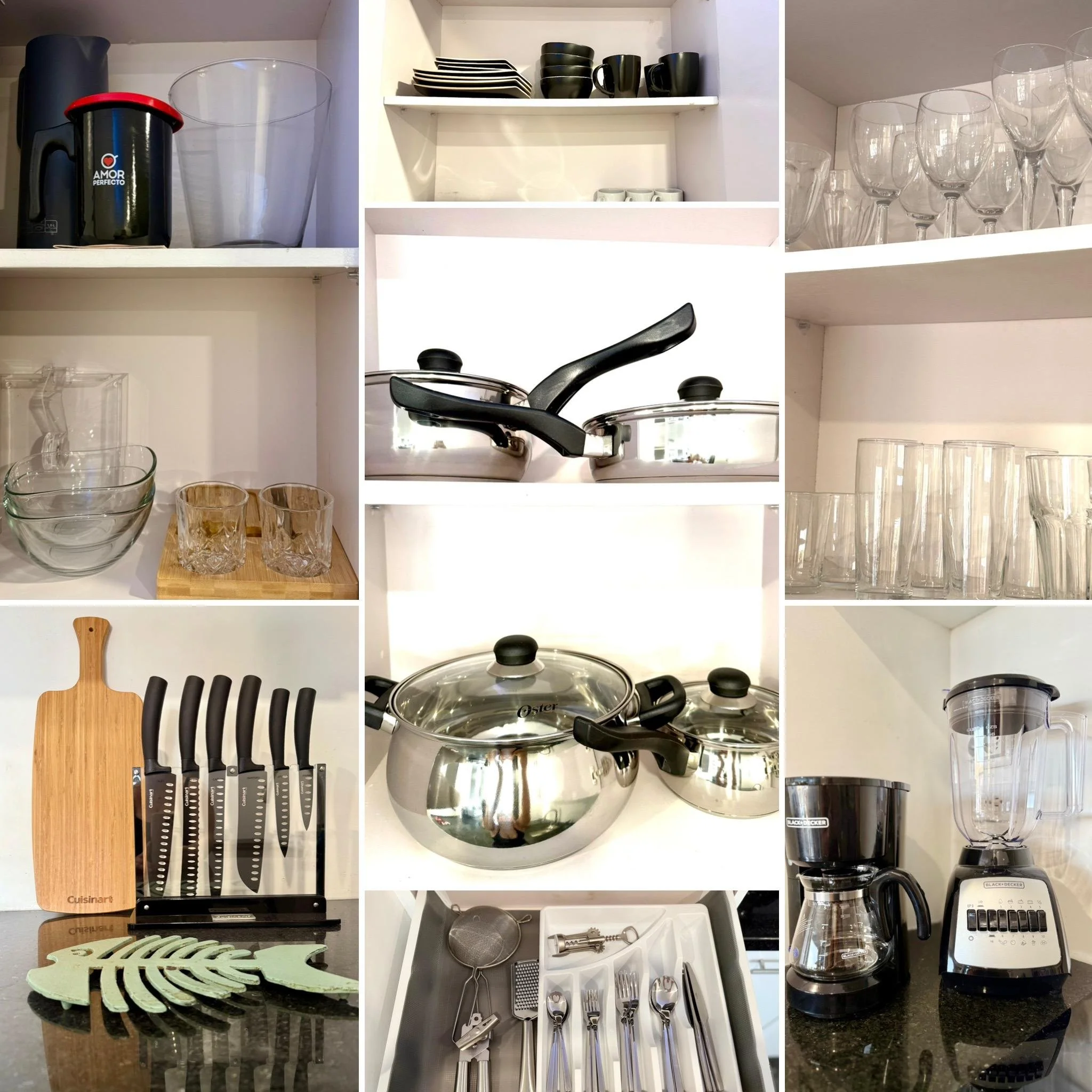 Close-up of kitchen shelves at Kas Pitava showcasing organized cookware, glassware, and utensils.