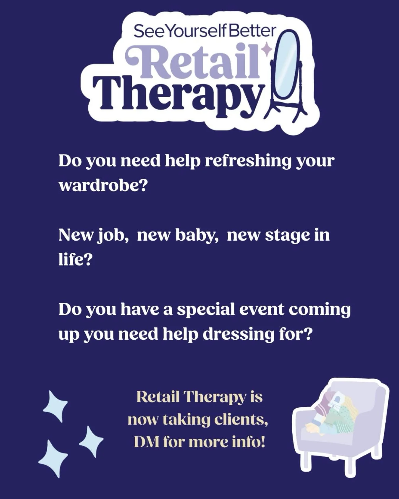 I want to help you or someone you know feel better in their clothes or help them refresh their style. Personal styling with a therapy lens at an attainable price for everyone!