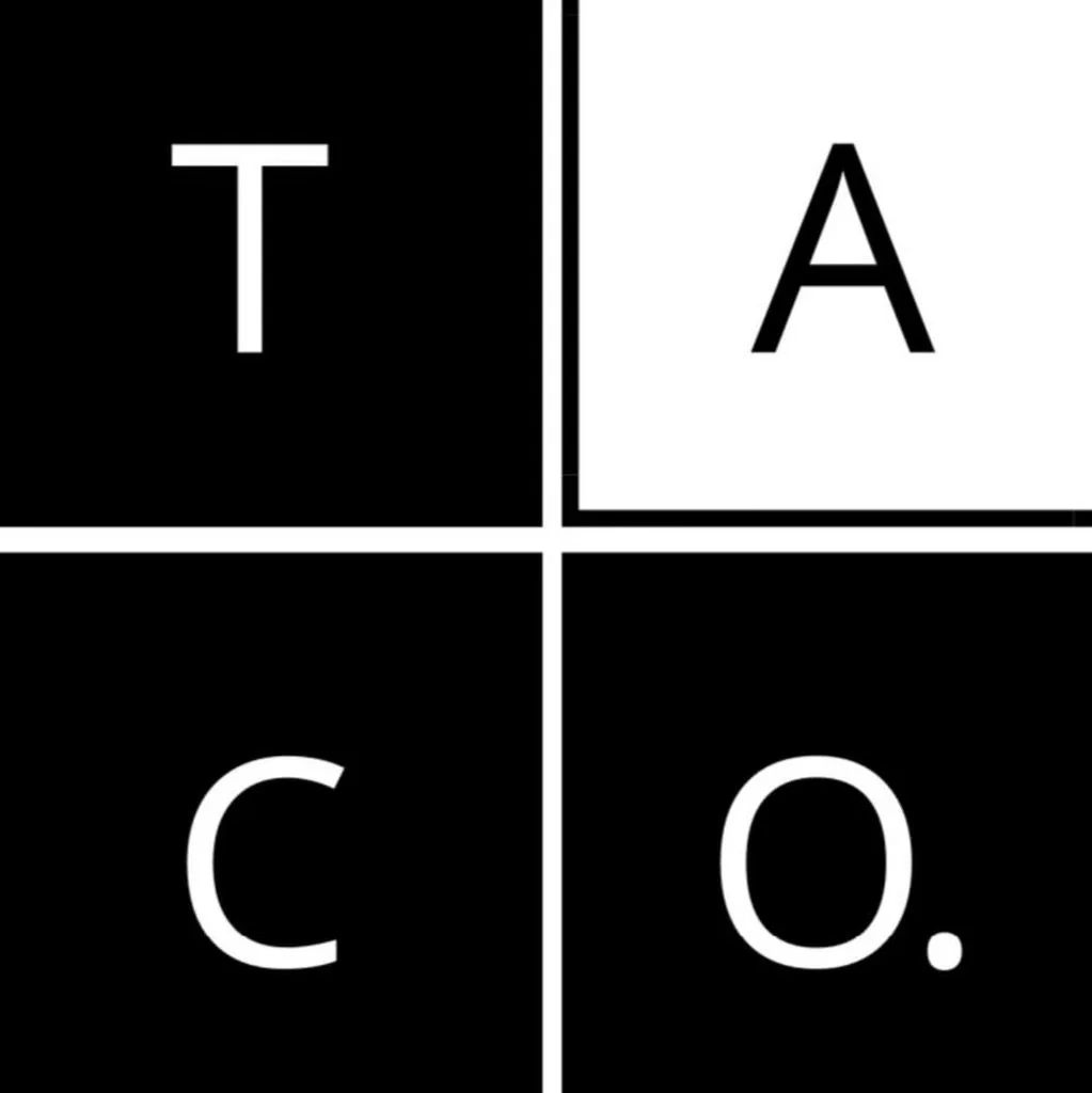 A black and white four-quadrant grid with the letters T and C on black backgrounds, and A and O on white backgrounds, forming the abbreviation TACO.