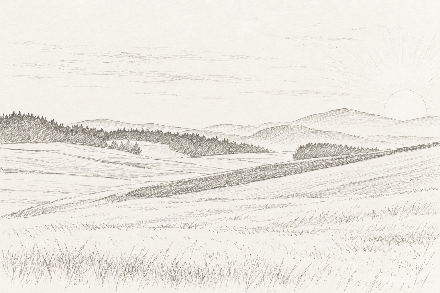 A pencil sketch of rolling hills, forests, and mountains under a sunrise or sunset sky with clouds.
