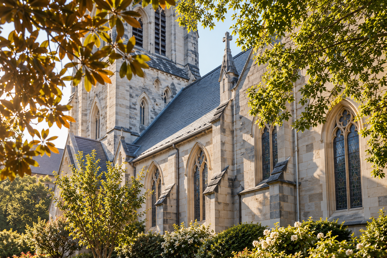 Stone church with stained glass windows, surrounded by trees and white flowers, sunlight casting shadows on the building.