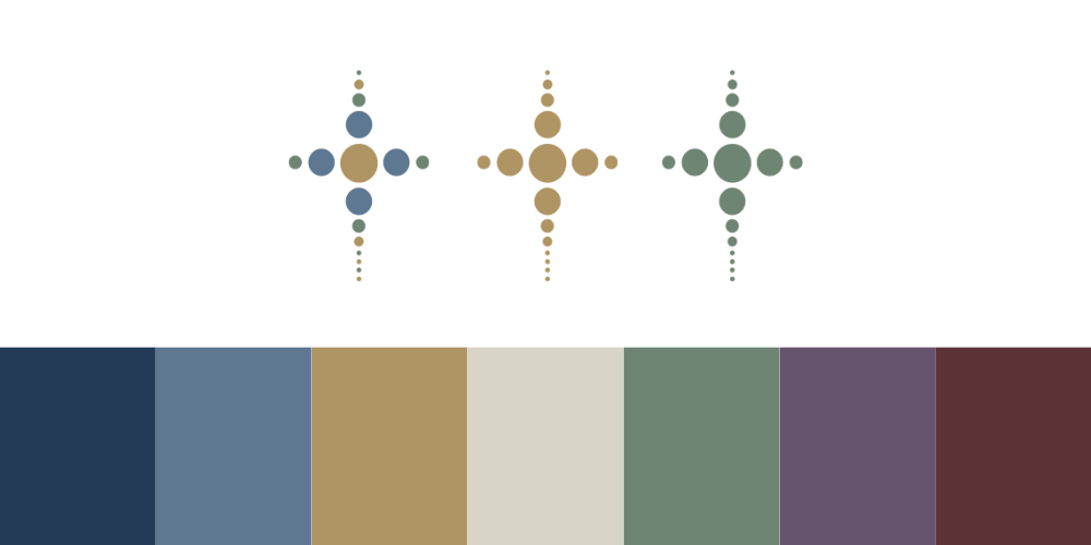 Abstract design with four diamond-shaped arrangements of circles in blue, beige, white, green, purple, and red hues, connected by vertical lines, set against a black background.