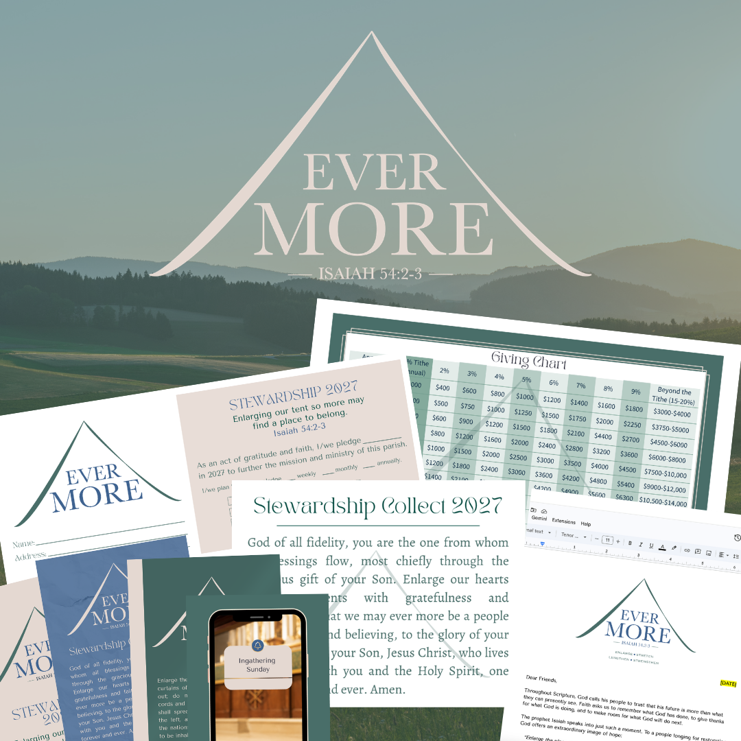 A collection of stewardship and faith-related documents, charts, and a smartphone with a notification, arranged in front of a scenic mountain landscape with the phrase 'Ever More' and a biblical reference to Isaiah 54:2-3.