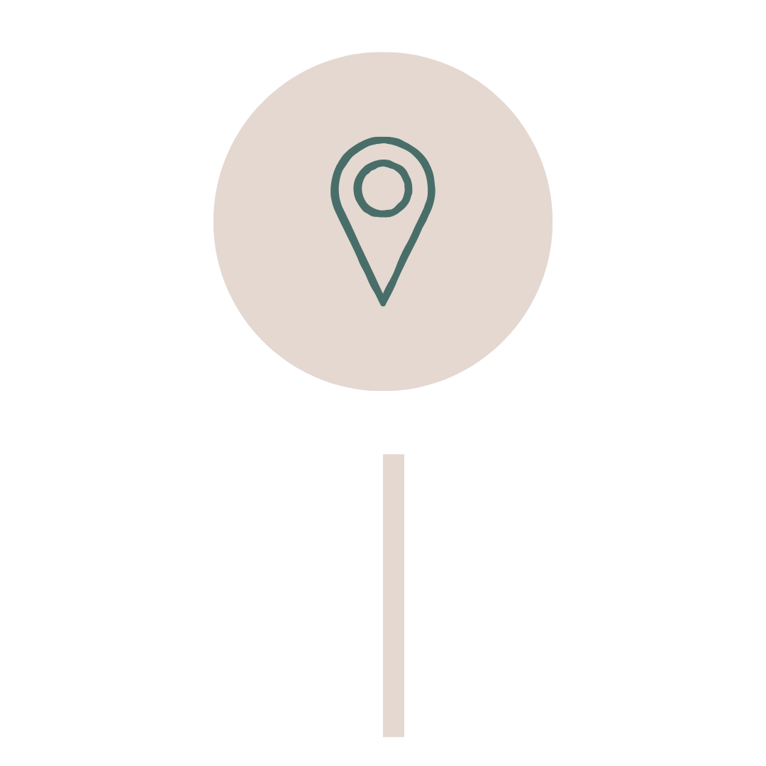 A map location icon inside a beige circle, with a vertical line below it indicating a map pin or marker.