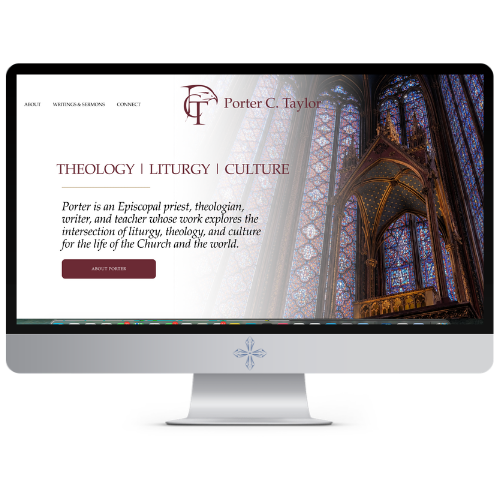 Website homepage for Porter C. Taylor displaying church stained glass windows and text about theology, liturgy, and culture.