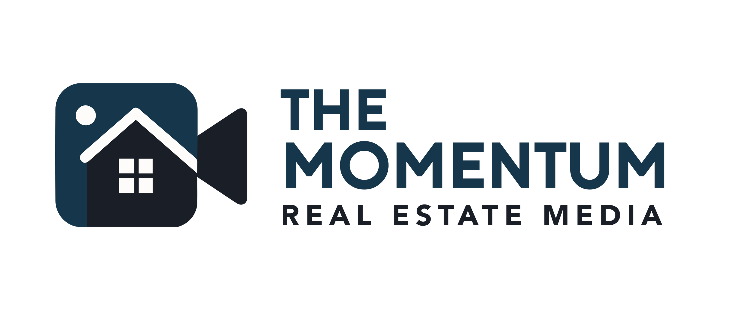 Logo for The Momentum Real Estate Media featuring a house icon and a camera element.