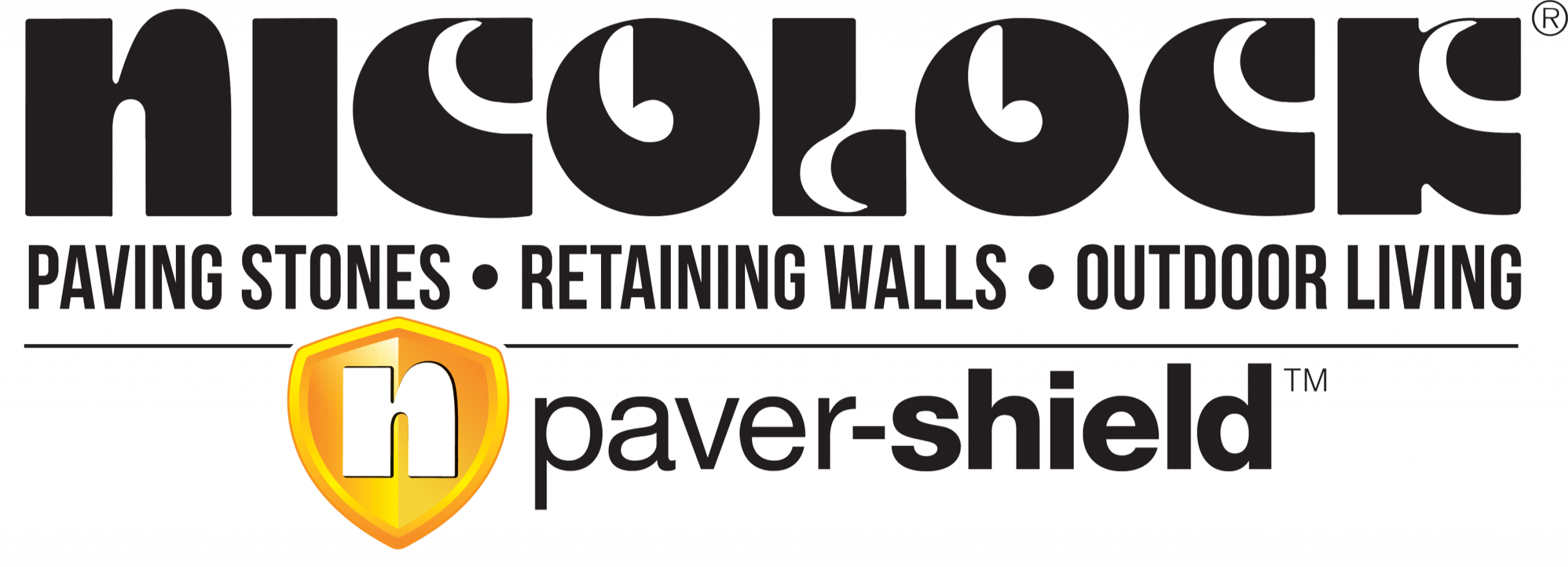 Logo for Nicolock with byline for Paving Stones, Retaining Walls, Outdoor Living, and Paver-Shield
