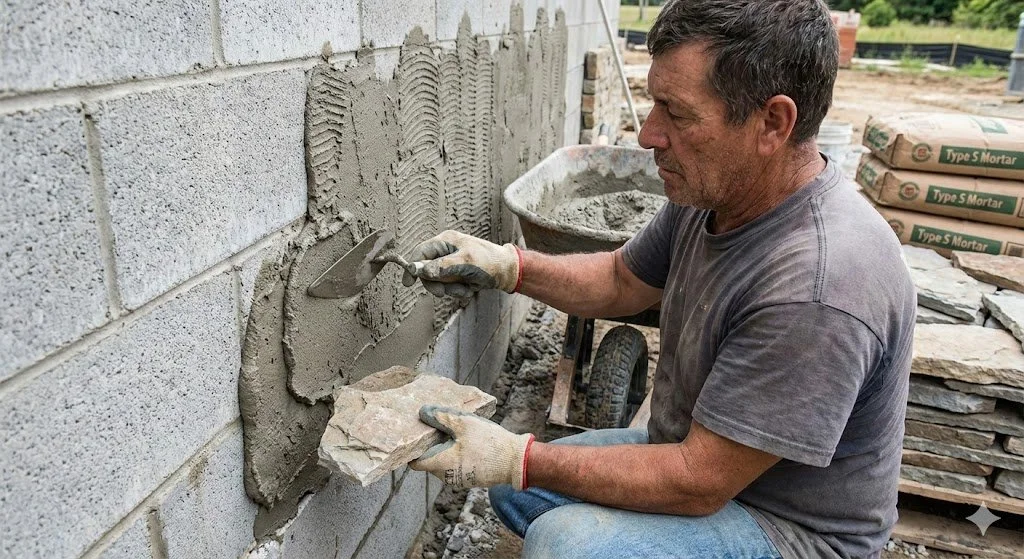 Picture of a mason applying mortar to a cinder block.