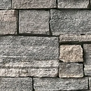 Close-up of a gray stone wall with varied rectangular stones