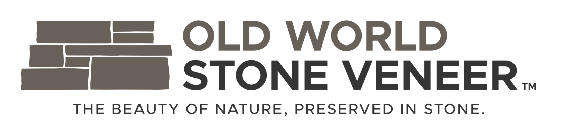 Logo for natural stone veneer company, Old World Stone Veneer, with tag line "The beauty of nature, preserved in stone."