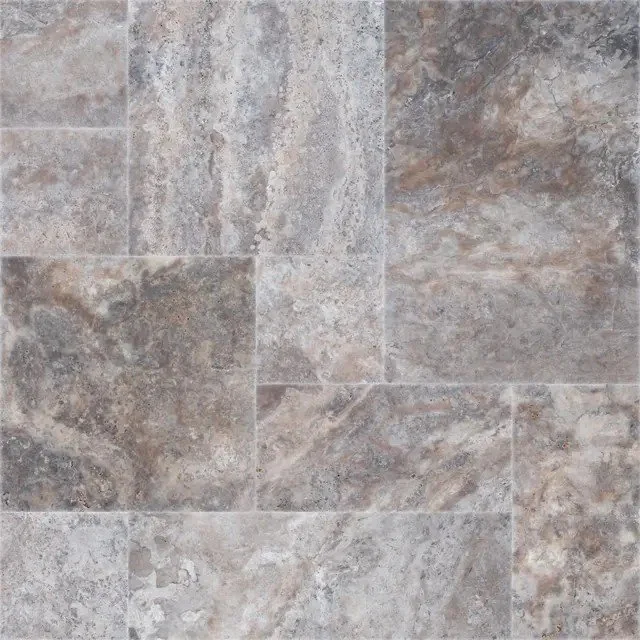Gray travertine with significant swirling of browns and creams.  More vibrant than Silver travertine.  The signature travertine pits are smaller than typical travertine, which is both aesthetically pleasing & suitable for freeze-susceptible climates.