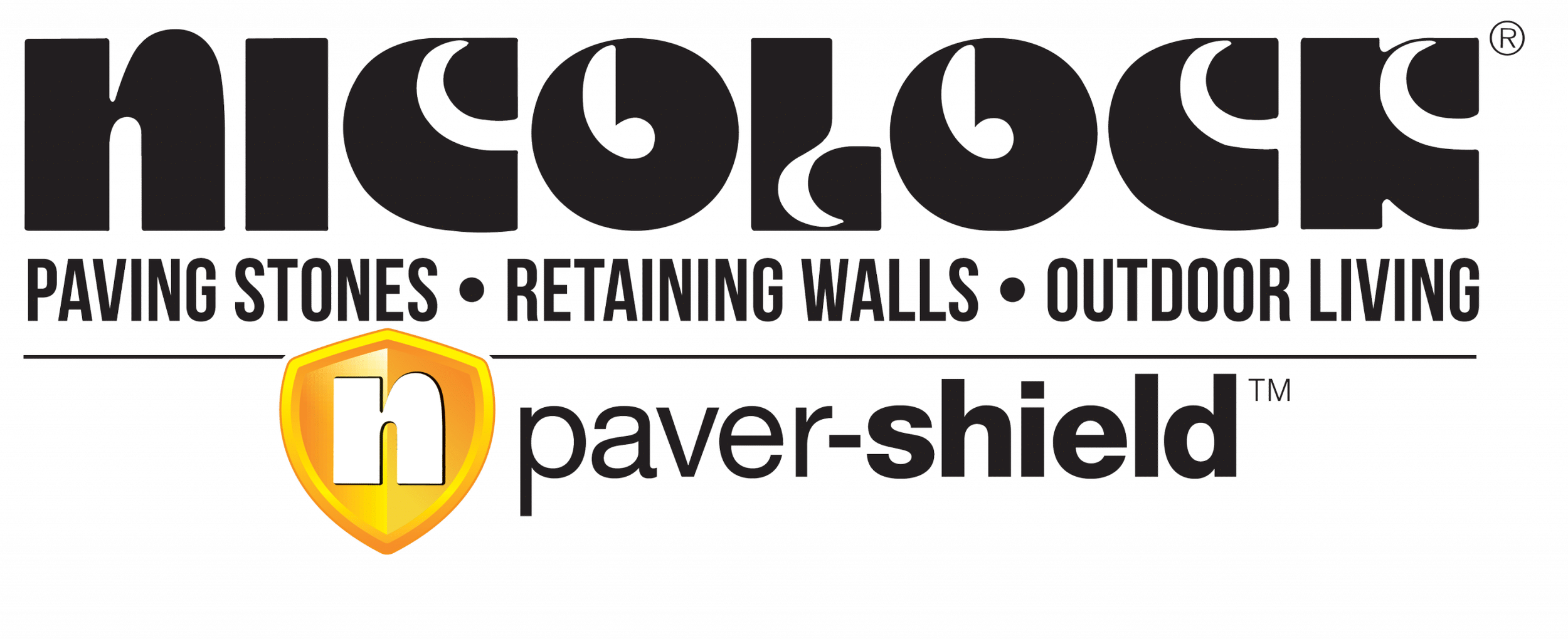 Logo of Nicolock, a company specializing in paving stones, retaining walls, and outdoor living products, many of which feature their "Paver Shield" technology.