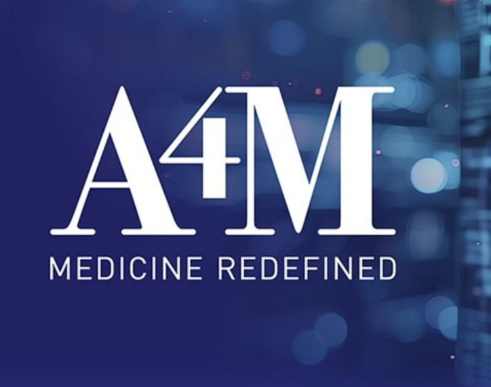Logo with text 'A4M' and 'Medicine Redefined' on a blue background.