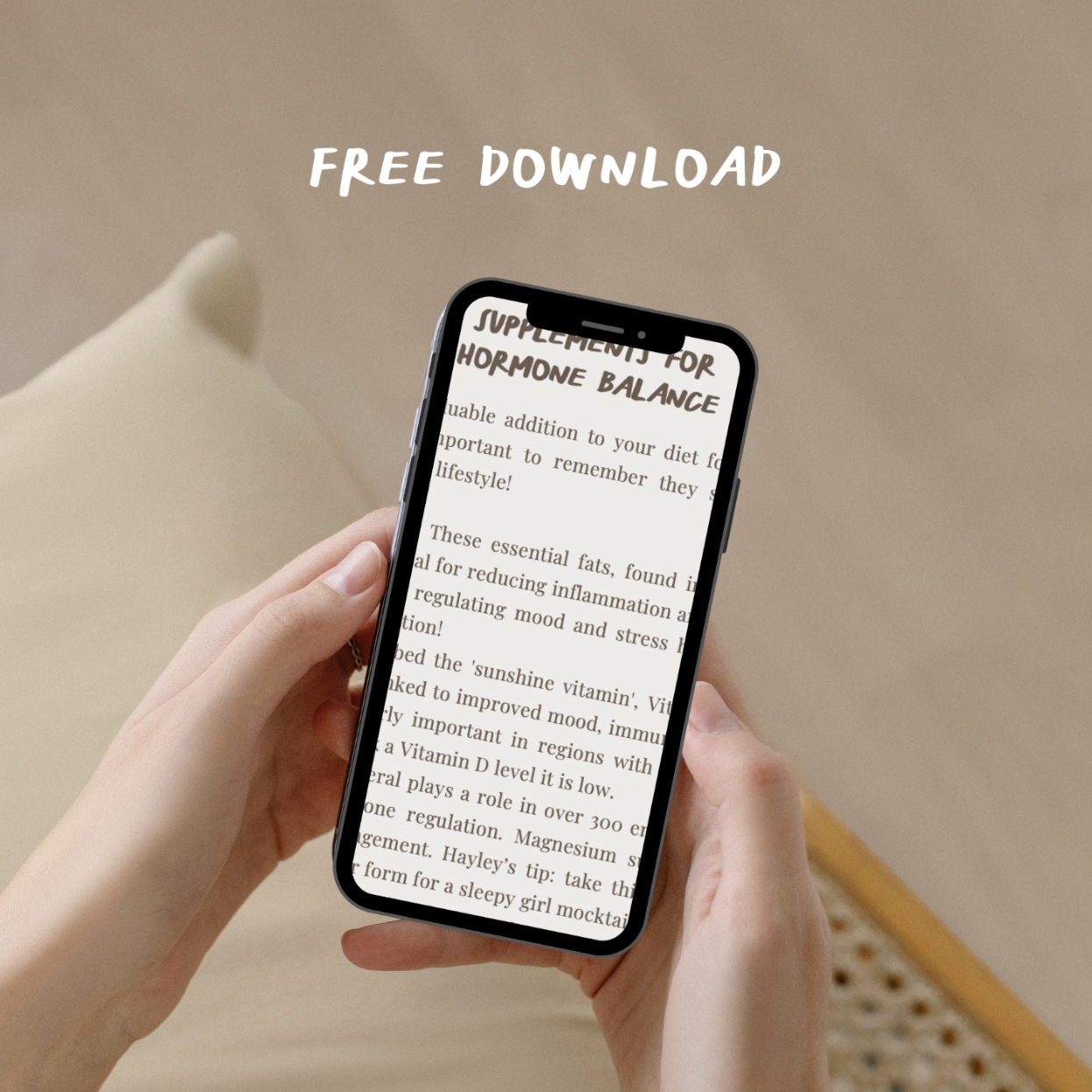 Person holding a smartphone displaying an article about supplements for hormone balance, with part of a beige wall and a piece of furniture in the background.