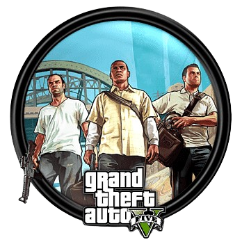Three men walking with a bridge in the background and the Grand Theft Auto V logo at the bottom.
