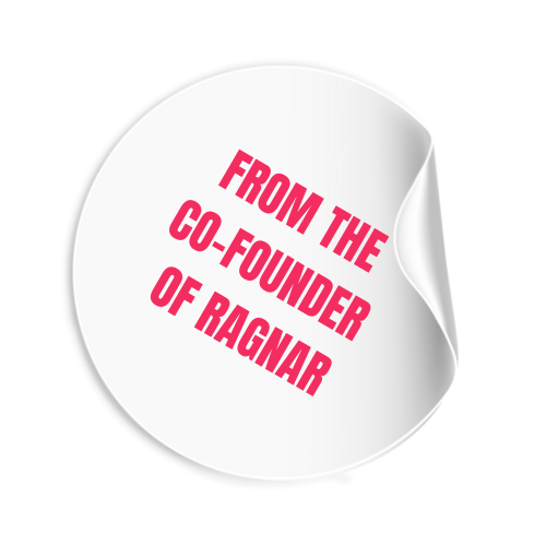 A round sticker with a peeled corner, featuring pink text that reads 'From the co-founder of Ragnarok' on a white background.